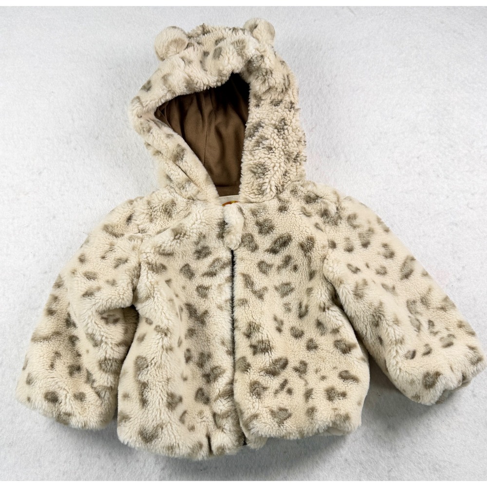 C&C California Kids Faux Fur Leopard Print Hooded Jacket with Ears Tan 12M